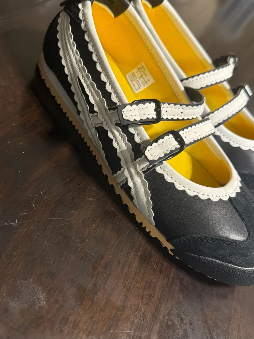 Black and White Scalloped Mary Jane Flat with Dual Straps